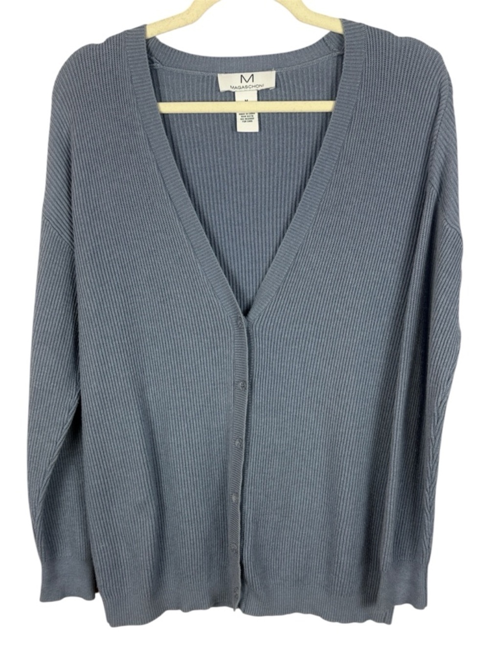 Magaschoni Cotton Cashmere Blend Dusty Blue Ribbed V-Neck Button Down Cardigan
